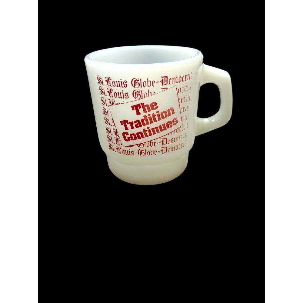 Vintage Oven Proof Milk Glass Coffee Mug St. Louis‎ Globe Democrat